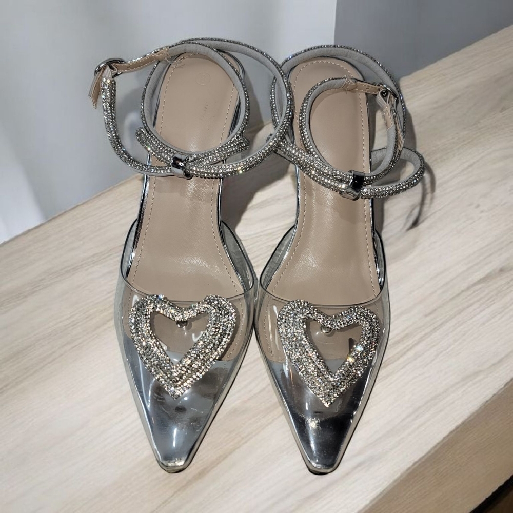 ZBY Woman's Silver Strappy Heels with Rhinestones Size 8 - Picture 3 of 8